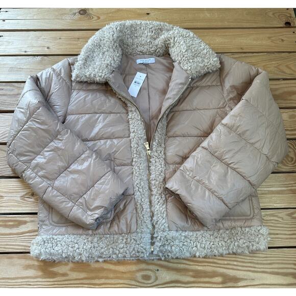 NWT Ann Taylor Weekend Sherpa Trim Puffer Jacket Size Medium Women’s Tan - Picture 1 of 8